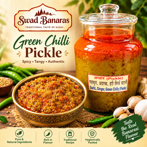 Banarasi Garlic Ginger Green Chilly Paste Pickle | Traditional Spiced Lehsun Adrak Hari Mirch Chutney Achar | Homemade-Style Taste with Mustard Oil | 500g