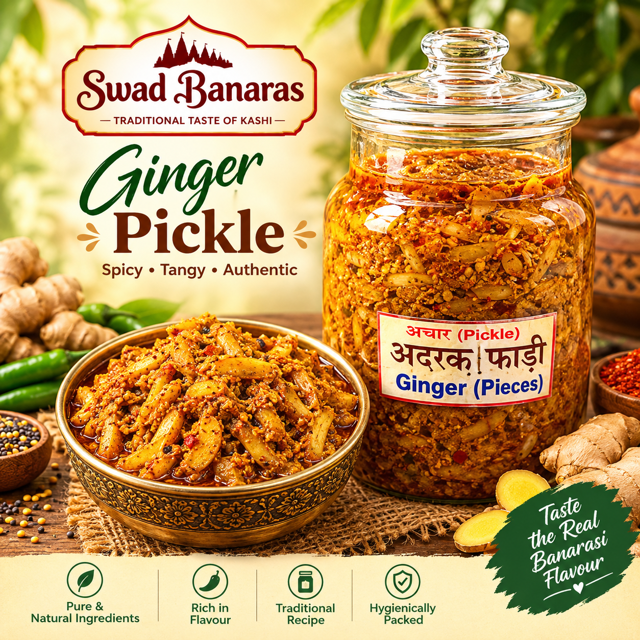 Banarasi Ginger Pieces Pickle | Traditional Spiced Adrak Fadi Achar | Homemade-Style Taste with Mustard Oil | 500g